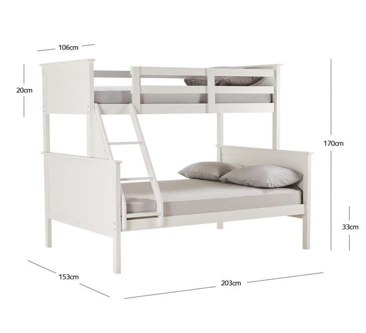 Jordan Triple Bunk Bed In White, Bunk Bed Dimensions Between Beds