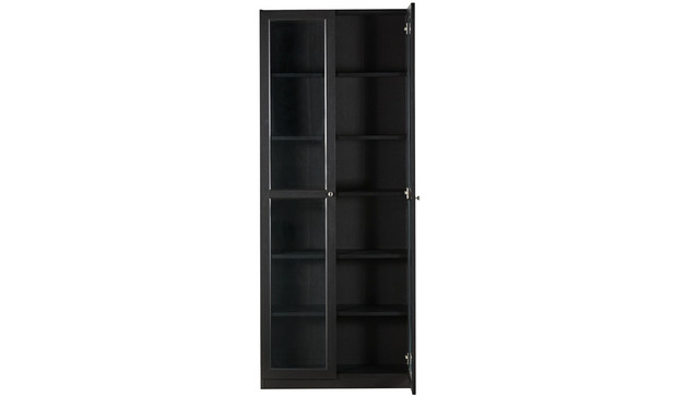 Kobi Large Wide Bookcase With Glass, Black Bookcase With Glass Doors And Drawers