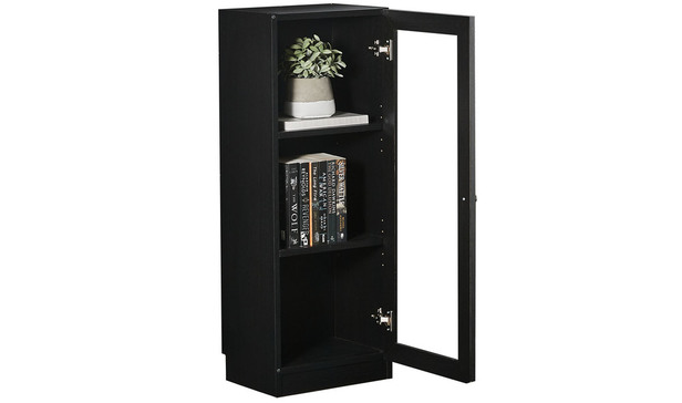 Kobi Small Narrow Bookcase With Glass, Short Narrow Black Bookcase