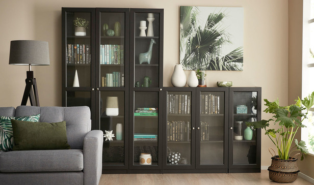 Kobi Small Wide Bookcase With Glass, Small Dresser With Glass Doors
