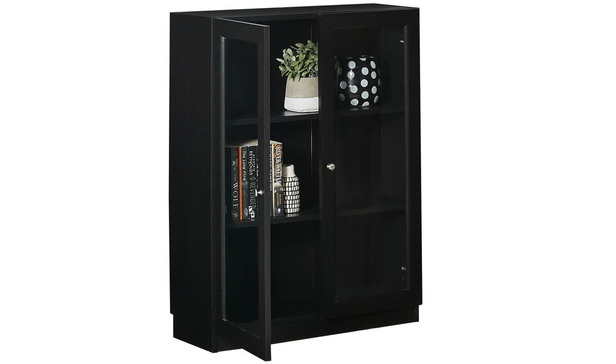 Kobi Small Wide Bookcase With Glass, Black Bookcase With Cabinet Doors
