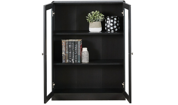 Kobi Small Wide Bookcase With Glass, Black Wood Bookcase With Glass Doors